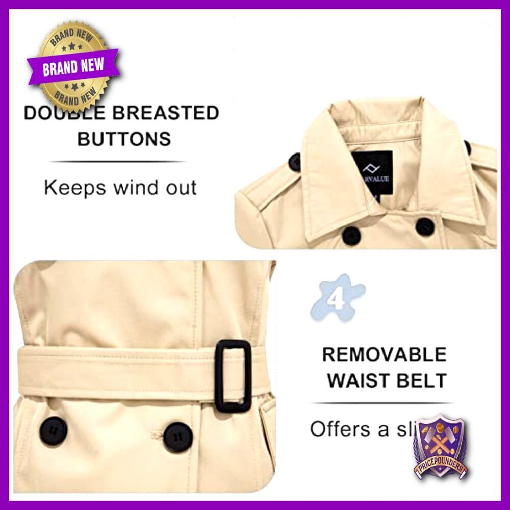 Waterproof Trench Coat Double Breasted Classic Belted Lapel Removable Hood - Picture 6 of 7
